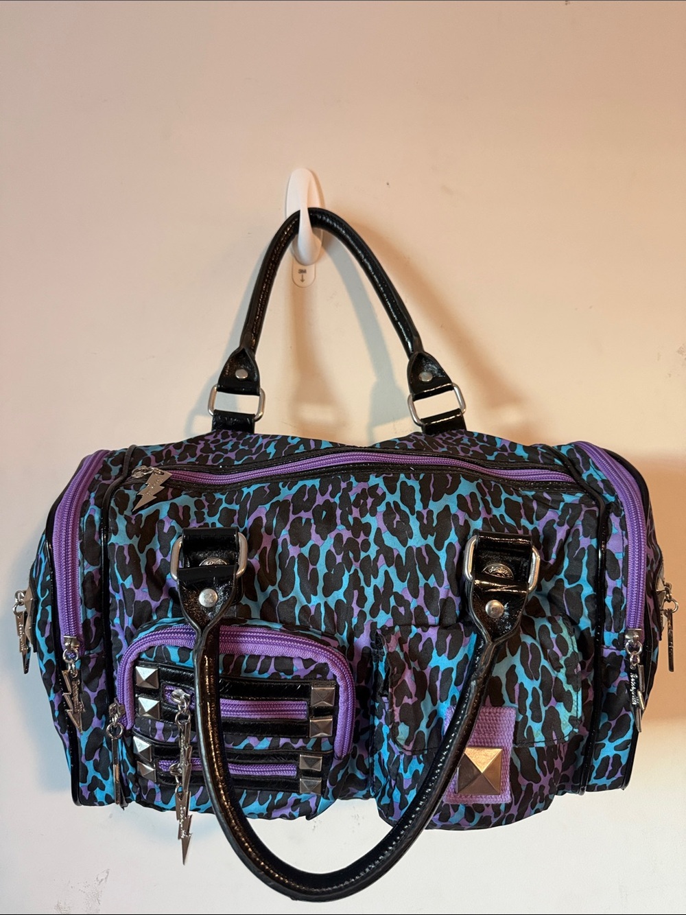 Betsey Johnson Purple & Teal Animal Print Duffel Satchel Handbag - Picture 6 of 15